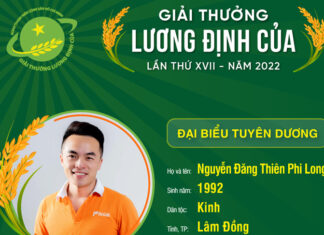 Anh Nguyễn Đăng Thiên Phi Long được nhận Giải thưởng Lương Định Của năm 2022